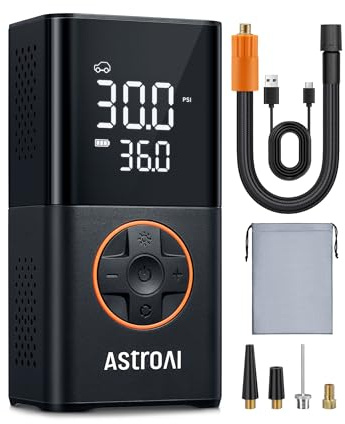 AstroAI Kabellose Elektrische Luftpumpe, Tragbare Akku Fahrradpumpe | mit alle ventile LED-Licht, Wiederaufladbare Reifenpumpe für Fahrrad, E-Bike, Auto, Motorrad, Bälle, Schwarz