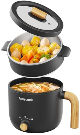 Audecook Elektrische Hot Pot, 1.5L Tragbare Mini Antihaft Multikocher, Schneller Ramen Kocher, Travel Electric Bratpfanne mit Duale Leistungssteuerung für Steak/Nudeln/Suppe/Ei/Hafer