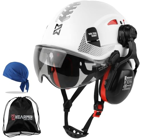 HEARMOR 3-in-1 Schutzhelm mit Gehörschutz und Visier, EN 397 zertifizierter Arbeitshelm für Forst-, BAU- und Kletterarbeiten, inklusive tragbarer Tasche und kühlender Helmeinlage