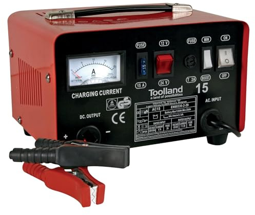 Toolland Batterieladegerät 12V 24V 7A, mit Starthilfe 9A, für Blei- und Gel-Akkus 25-135Ah, Amperemeter, Überlastschutz, Metallgehäuse, für Motorrad Traktor Auto Transporter kleines Boot