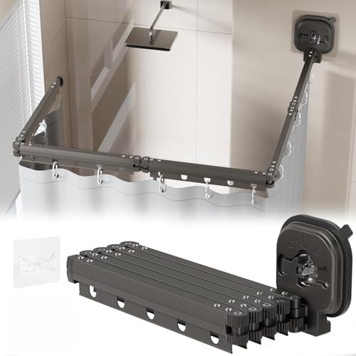 txuzong Fünffach Faltbare Duschvorhangstange mit Vorhang – Aus Aluminiumlegierung mit Saugnapf-Halterung für Badewanne, Badezimmer, Schlafzimmer & Balkon – Komplettes Set inkl. Zubehör