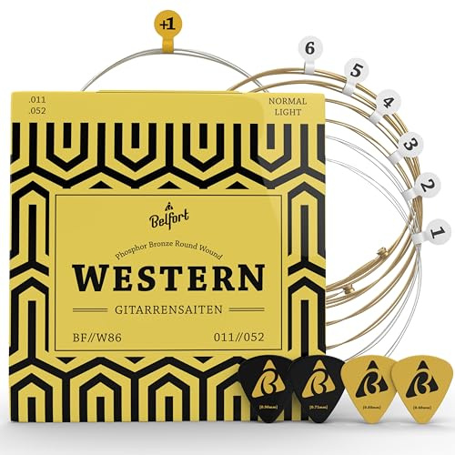 BELFORT Gitarrensaiten für Westerngitarre - Premium Phosphor-Bronze (6 Saiten-Set) für Western-Gitarre & Akustikgitarre BONUS 4 Plektren + Extra hohe acoustic E-Saite (Gitarrensaiten Akustikgitarre)