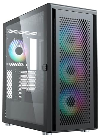 SILENTWARE Air 100 Midi Tower PC-Gehäuse, Große Metall Mesh-Front, gehärtetes Glas-Seitenfenster, 4X 120mm A-RGB Hydro-Lager Lüfter, GPU bis 383mm, Abnehmbarer Mesh Deckel, ATX Netzteil, Schwarz