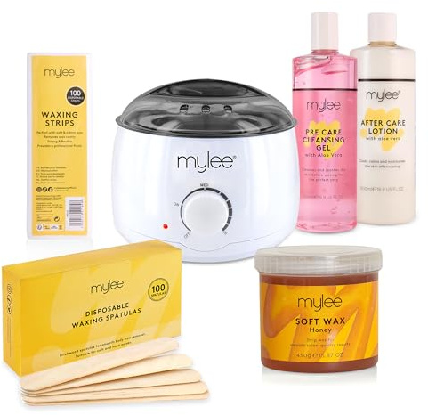 Mylee Komplettes Wachsset, Honigwachs + Wachsstreifen | Digitaler Wachserhitzer mit Silikonbehälter in Salonqualität, weichem Cremewachs, Spachteln und Mylee, Vor & Nach Wachslotion