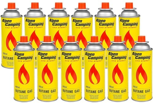 Alpen Camping Butan 12x400ml Gaskartuschen Gasflasche für Gaskocher Campingkocher Bunsenbrenner Lötbrenner 400ml (12)