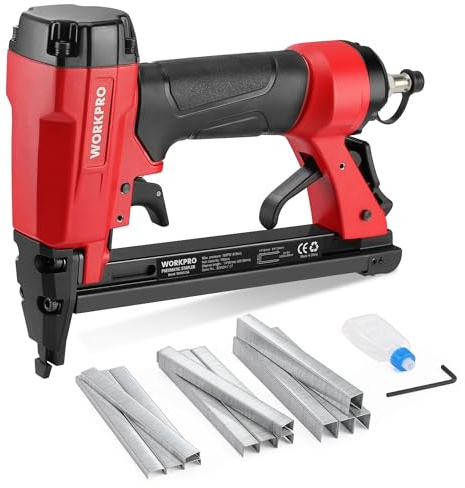 WORKPRO Drucklufttacker Druckluftpistole mit Sicherheitsnase, inkl. 1500 tlg. Klammern Typ 80, 6-16mm, Ölflasche, Innensechskantschlüssel für Möbelherstellung Holzbearbeitung DIY-Projekte