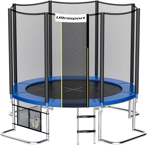 Ultrasport SICHERSTE Trampolin Outdoor Kinder Ø180/244/305/366/430 cm bis 150 KG I Leise Gummiseilfederung I Komplettset mit Sicherheitsnetz (All in) viel Zubehör I Gartentrampolin I Gefahrlos