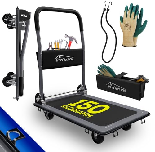 TroniTechnik® Transportwagen Paketwagen Plattformwagen klappbar mit Lenkrollen 150 kg Tragkraft mit Antirutschbeschichtung, Griffpolster, Halterungen - Ladefläche 72x48 cm