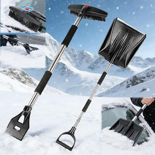 FainFun Eiskratzer Auto mit Besen, 3 in 1 Retráctil Scheibenkratzer Auto, Handfeger Besen für Auto Schnee, 360 Grad Drehbarer Bürstenkopf Schneeschieber, Zubehör Winter
