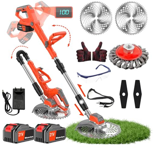 Rasentrimmer mit Akku mit Unkrautbürste 21V Elektrischer Freischneider Akku Rasentrimmer Rasenkantenschneider mit 2X4.0Ah Akkus & Ladegerät Verstellbarer Kopf Teleskopgriff für Garten Rasen Hof Rot