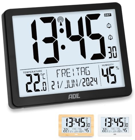 ADE Digitale XL-Funkuhr mit sehr großen Ziffern | Tischuhr Wanduhr mit 2 Weckzeiten und Beleuchtung | Thermometer Hygrometer | schmaler Rahmen in matt schwarz