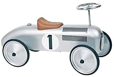 goki 14136 Rutscherfahrzeug Silber aus Metall, nostalgisches Rennauto, 73,5 cm – Retro-Design, Startnummer 1, gummibereift, ab 1 Jahr
