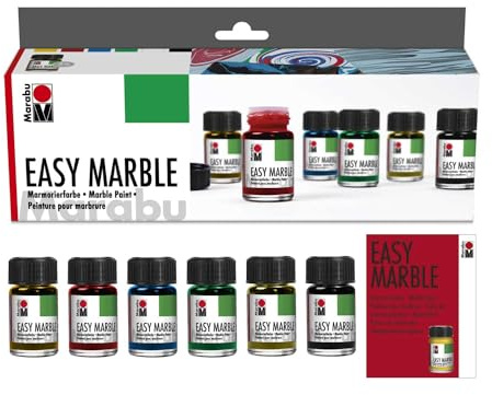 Marabu 1305000000087 - Easy Marble Starter Set, Marmorierfarbe zum kinderleichten Tauchmarmorieren von Kunststoff, Glas, Holz, Styropor und flächigen Marmorieren von Papier, 6 x 15 ml Grundfarben