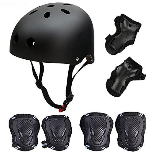 SelfLove Skateboard-/Skate-Schutzset mit Helm, Helm mit 6 Stück Ellenbogen-Knie-Handgelenkschoner für Kinder, BMX/Skateboard/Roller, Schwarz, S