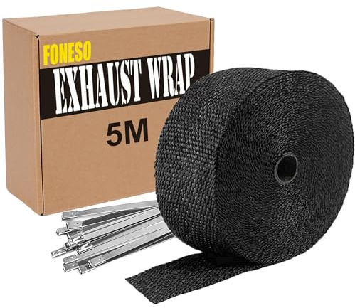 5M Hitzeschutzband Auspuff,Foneso auspuffband,Hitzeschutz Auspuff Bandage,Schwarz Hitzeschutzband mit 10 Kabelbinder Edelstahl,für Motorrad Fächerkrümmer Thermoband Krümmerband