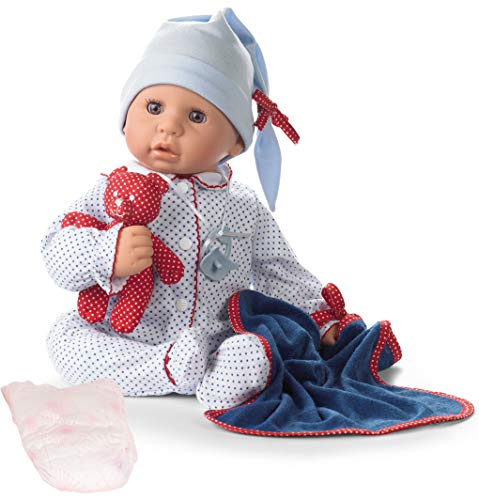 Götz 1161034 Cookie Blue Spots Puppe 48 cm Babypuppe braune Schlafaugen | 7-tlg, ohne Haare, Weichkörper, für Kinder ab 3 Jahren, waschbar, mit Schnuller, Kuscheldecke und Teddy