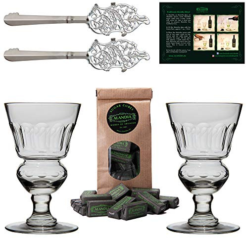 ALANDIA Absinth Zubehör Set Pontarlier Premium | 2x handgemachte Gläser mit Reservoir | 2x Löffel aus Edelstahl | 1x Zucker