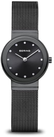 BERING Damen Quarz Uhr | Armbanduhr 26 mm graues Edelstahlgehäuse und schwarzes Zifferblatt | Milanaisearmband | Saphierglas | 5 ATM | 10126-077