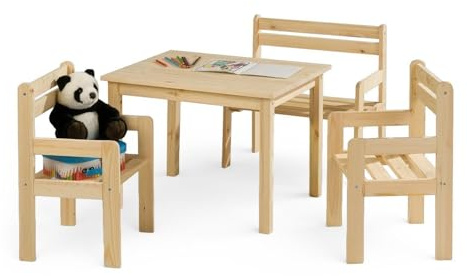 Home4You Kindersitzgruppe 4-teilig - mit Kindertisch, Sitzbank & 2 Stühlen - Braun - Kiefernholz Massiv - Sitzgruppe Kindertischgruppe Holzsitzgruppe