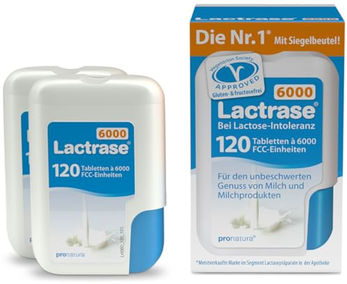 Pro Natura Lactrase 6000 – 2x120 Lactase Tabletten bei Lactose-Intoleranz, für den unbeschwerten Genuss von Milch und Milchprodukten