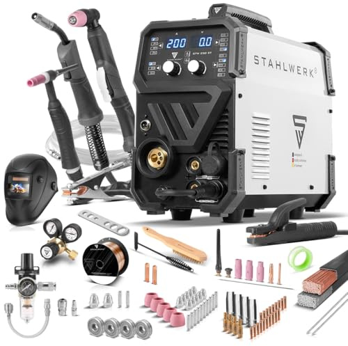 STAHLWERK Schutzgasschweißgerät 4-in-1 Kombi CTM-250 ST – WIG, MIG/MAG, MMA (E-Hand/ARC), FLUX (Fülldraht) bis 200 A, CUT (Plasma) bis 45 A, Schneidleistung bis 14 mm, Parameter einstellbar, IGBT