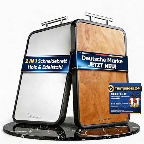 Doppelseitiges Schneidebrett Holz & Edelstahl – 2-in-1 Küchenbrett | Rutschfestes Cutting Board, Groß mit Saftrille & Anti-Slip-Rahmen | Schneidewerk