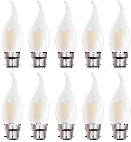 BELINGGO B22 dimmbare Bajonett-LED-Leuchtmittel, B22d Kerzen-Filament, Kronleuchter, C35, weich, warmweiß, 2700 K, Milchglas, Flammenform, gebogene Spitze, energiesparend, 10 Stück