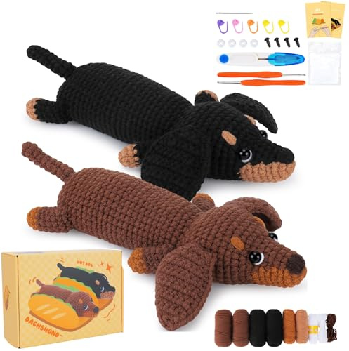 Häkelset für Anfänger - Tier Kit mit Dackel Garn, Haken, Nadeln und Schritt-für-Schritt-Video - Einsteiger Set Dachshund