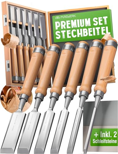 PUREWERK® Stechbeitel Set für Holz [6 Größen] - Beitelset mit 6 geschärften Stemmeisen aus CrV-Stahl - Werkzeug zur Holzbearbeitung inkl. Box & Schleifsteine