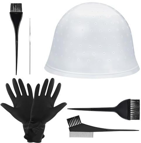 Halinuia7 Stück Vorgebohrte Strähnchenhaube Haarfärbeset für Frauen Mädchen | Silikon mit Löchern, Färben Hervorhebung Haare Färben Zubehör, mit Haarhaken, Färbebürste, Handschuhe