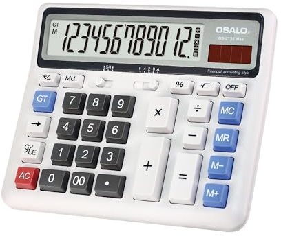 OSALO Taschenrechner groß, Tischrechner große Tasten, Solar, OS-2135 | 12-stelliger Bürorechner mit extra großem LCD-Display, Rechenmaschine für Buchhaltung und Senioren, mit Batterie