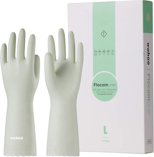 wahoo 3 Paar Putzhandschuhe, Wiederverwendbare Haushaltshandschuhe mit Baumwoll Flockfutter, Latexfrei, Wasserdicht für Küche, Spülen, Putzen, Rutschfest, Hellgrün, Größe S/7