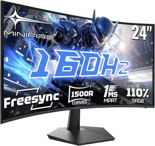 Minifire Gaming Curved Monitor 24 Zoll, 160Hz, Curved Gaming Monitor 1500R, 1Ms, sRGB110%, FHD 1080P Computer Screen, VESA Compatible, Eye Care Adaptive Sync HDMI＆DP Ports （MFG24C1L ）