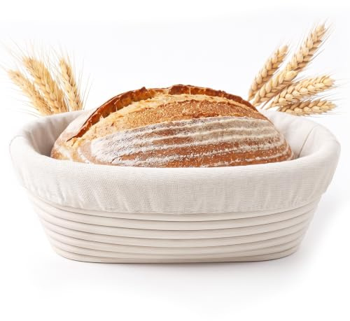 Gärkörbchen 28cm Gärkorb mit Leinentuch Oval Brotbackzubehör | Handgefertigter Garkörbe Brot Backen Zubehör aus Naturrattan, Brotkörbchen, Bread Proofing Basket für Sauerteig Hefebrot