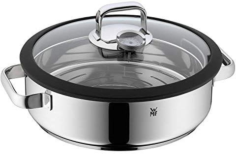 WMF Vitalis Aroma Dampfgarer 28 cm, Dampfgarer Topf, Bräter rund 5,0l, Dampfgartopf, Glasdeckel mit Silikonrand, Garthermometer, Garblech, Cromargan Edelstahl unbeschichtet, backofenfest