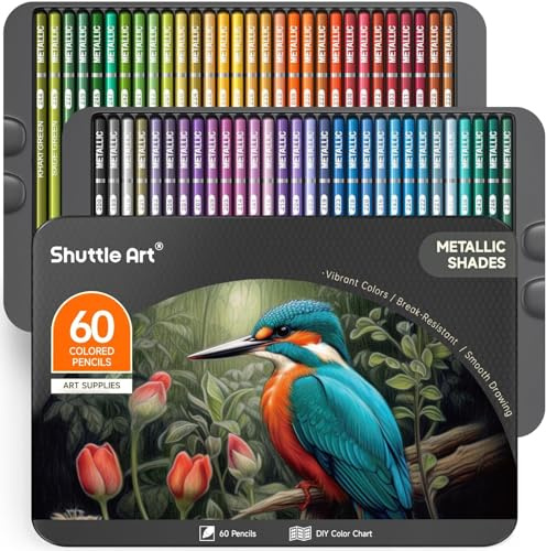 Shuttle Art Metallic Buntstifte Set, 60 Buntstift metallic, Glitzer Buntstifte für Erwachsene, Anfänger zum Malen, Färben, Zeichnen, metallische Holzstifte, Farbstifte für Kinder