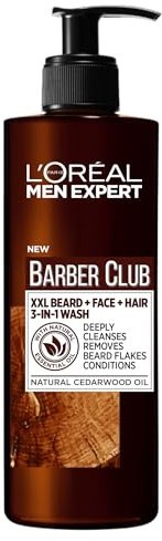 L'Oréal Men Expert XXL 3-in-1 Bartshampoo für Männer, Für Bart, Gesicht und Haar, Beruhigende Bartpflege für Herren gegen Schuppen & Juckreiz mit Zedernholzöl, Barber Club, 1 x 400 ml