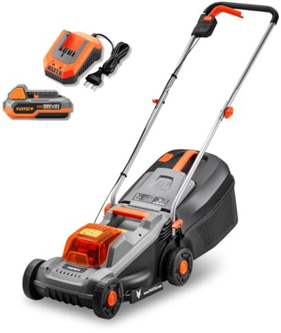 FUXTEC 20 V Akku-Rasenmäher FX-E1RM20-ECO-SET inkl. Akku + Ladegerät, Rasenmäher für kleine bis mittlere Gärten, Schnittbreite 30 cm, 30L Grasfangkorb, Schnitthöhe 30-70 mm