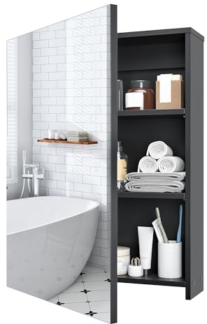 CHOEZON Spiegelschrank, Badezimmerschrank, Wandschrank mit Spiegel, Hängeschrank mit verstellbaren Regalen, an der Wand montierter Badschrank, hängende Aufbewahrung für Badezimmer, Schwarz