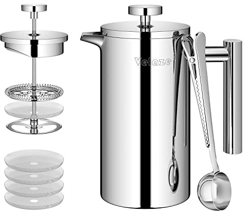 Velaze French Press Edelstahl Kaffeebereiter, 350ML Kaffeezubereiter für 2-3 Tassen, Doppelwandige Französische Kaffeepresse, Elegantes Design, Kaffeekanne mit 5 Edelstahlfilter und 1 Löffel