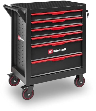 Original Einhell Werkstattwagen leer (6 Schubladen, Interlock-System, kugelgelagerte Führungsschienen, belastbar bis 135 kg, mobil mit Feststellrollen)