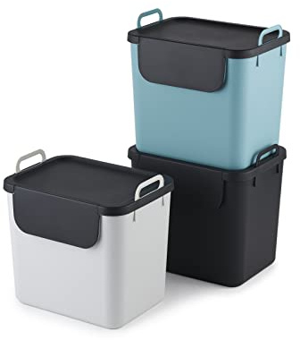 Jive Mülltrennsystem Set 3er-Set Mülltrennsystem 30l für die Küche, Kunststoff (PP recycelt), dunkelgrau/weiss/grün, 3 x 30l (39.8 x 29.8 x 50.1 cm)