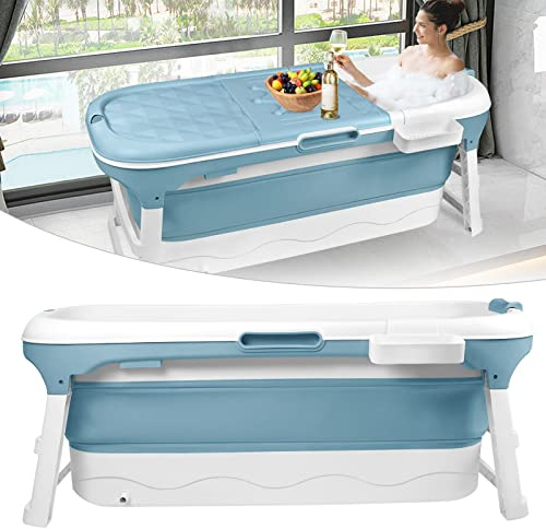 LILIIN Faltbare Badewanne Erwachsene 148 x 62 x 52 cm, Foldable Bathtub Mobile Tragbare Badewanne Sitzbadewanne Mit Abdeckung & Massagerollen, Seifenkorb, dicker Kunststoff tragbare Wanne - Blau
