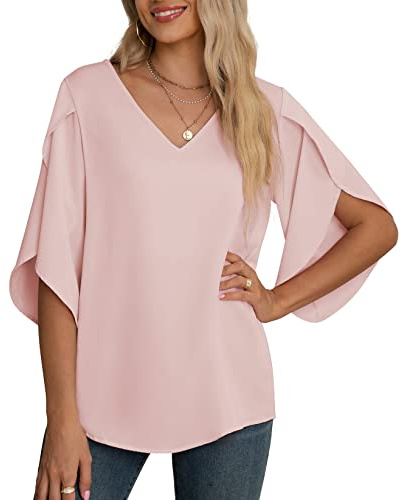 Damen Bluse Chiffon Kurzarm V Ausschnitt Lässig Leicht T-Shirts