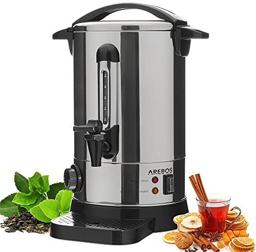 Arebos Glühweinkocher Edelstahl | 6,8 Liter | 950 W | mit Auslasshahn | Kinderpunsch, Getränkespender, Glühweintopf, Punschkocher, Thermostat, Temperatureinstellung 30-110 °C, Feuerzangenbowle