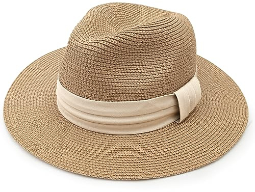 DRESHOW Damen Panama Hut Breiter Krempe Stroh Sommer Fedora Strohhut Panama Aufrollen Hut Strand Rollbar UV Sonnenhut UPF 50 +