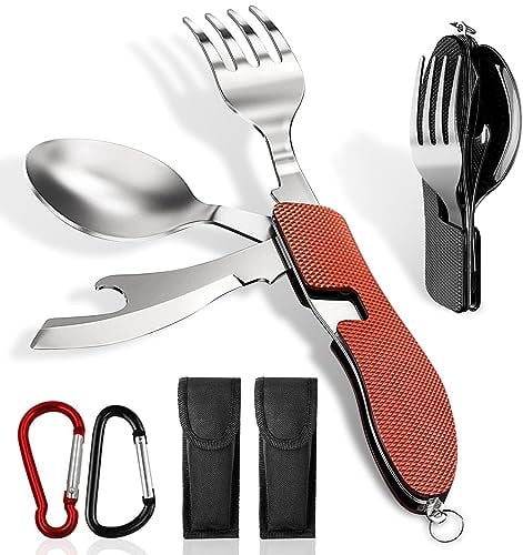 ADNEWX 4 in 1 Campingbesteck, Edelstahl Klappbesteck 2 Stk | Tragbares Outdoor Camping Besteck Flaschenöffner Messer Gabel löffel Set, Schwarz Rot