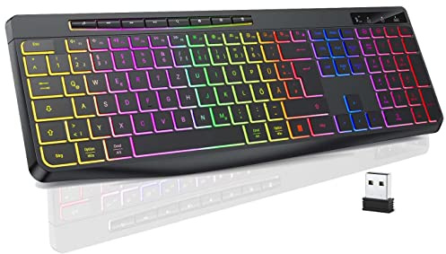 TECURS Tastatur Kabellose Gaming - Leise Tastatur QWERTZ Beleuchtet Ergonomisch Wasserdicht, 2.4Ghz Led Keyboard für Windows/Mac /PS4/ Xbox mit Multimedia-Tasten Schwarz