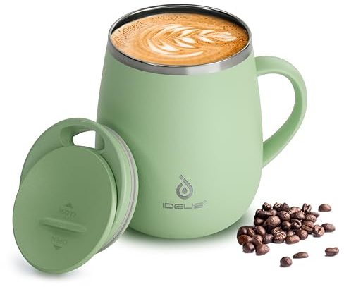 Ideus Kaffeebecher 470 ml (16 oz), doppelwandige vakuumisolierte Kaffee- und Teetasse aus Edelstahl mit rutschfestem Griff und Schiebemoduldeckel und großem Volumen (Grasgrün)