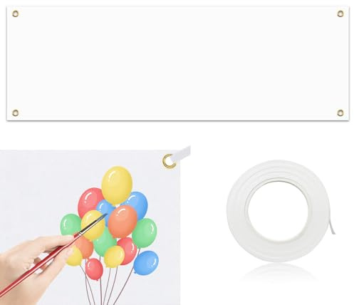 OMJMYY Großes Banner Weiß 300 x 100 cm, Leeres Banner mit 10 m Hängendem Seil, Polyester Lackierbar für DIY Painting, Hochzeit, Geburtstag, Partys, Outdoor